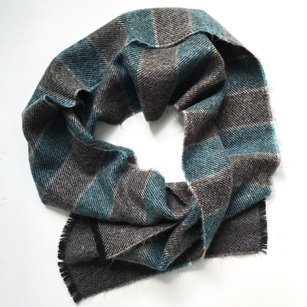 Grey and teal striped wool winter scarf
